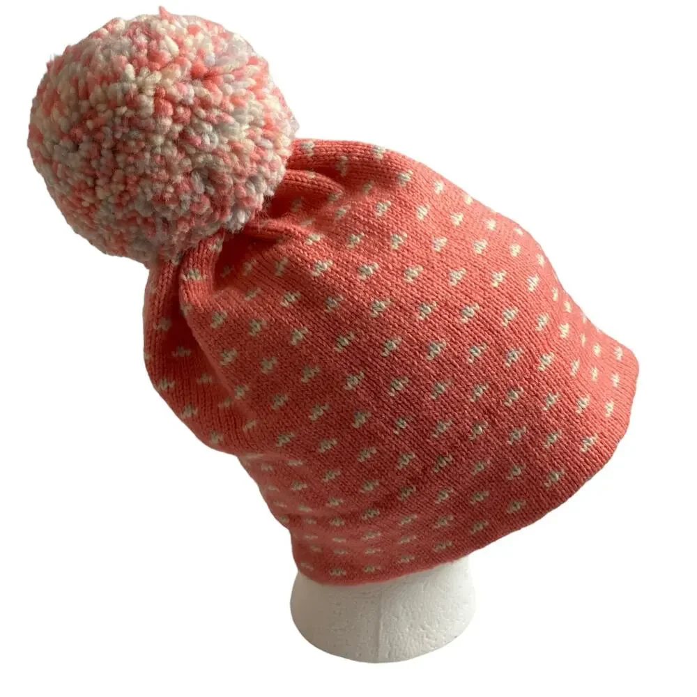 Vintage 80s Serac Wool Beanie Pink Birdseye Print Pom Pom Womens Ski Hat USA